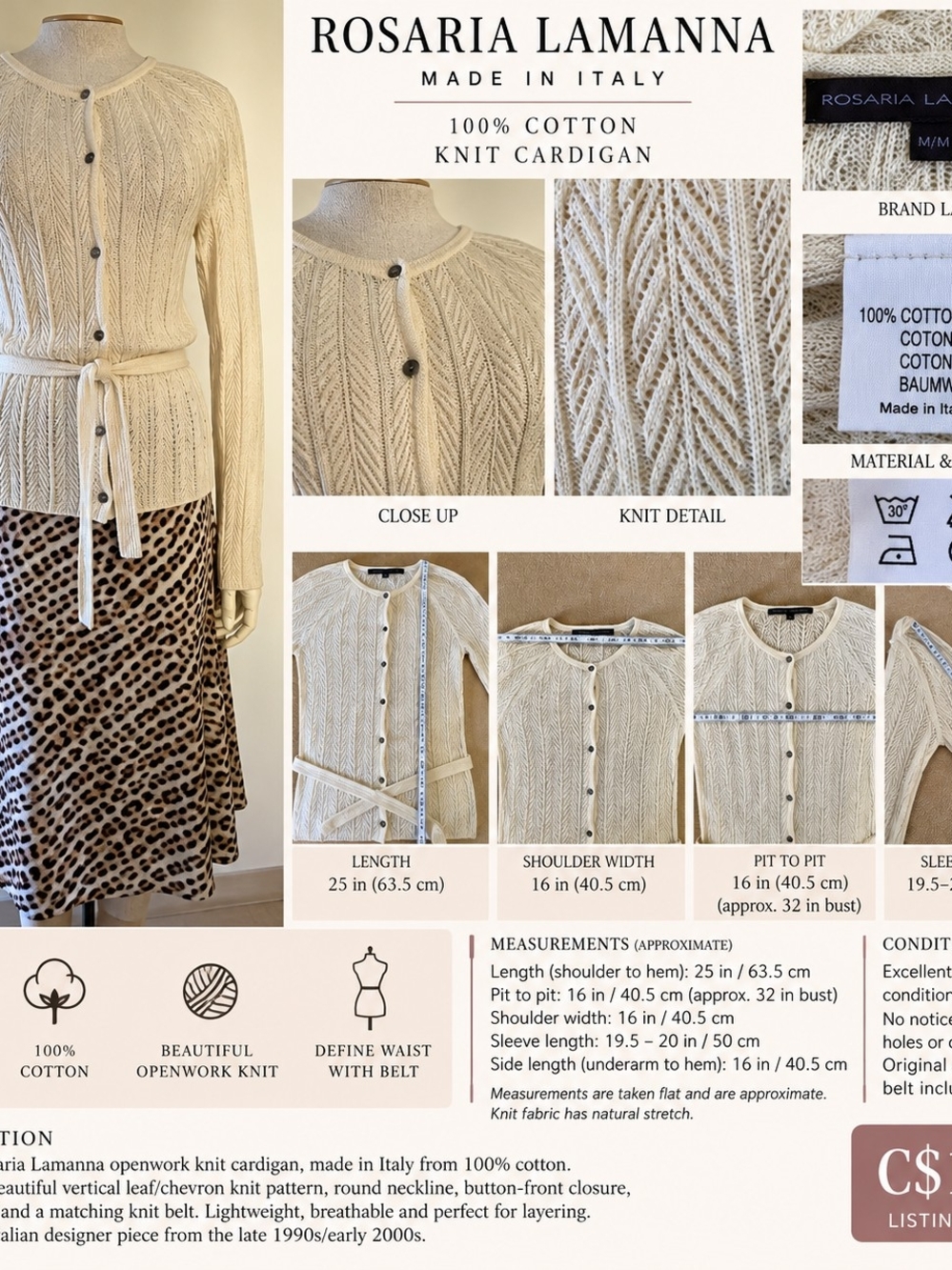 Rosaria Lamanna Made in Italy Cotton Openwork Belted Cardigan M